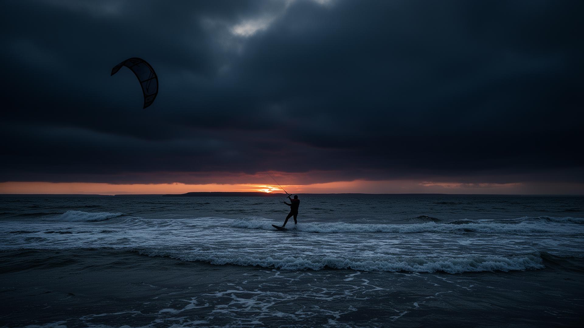 Kiteboarder on the Baltic Sea at dusk